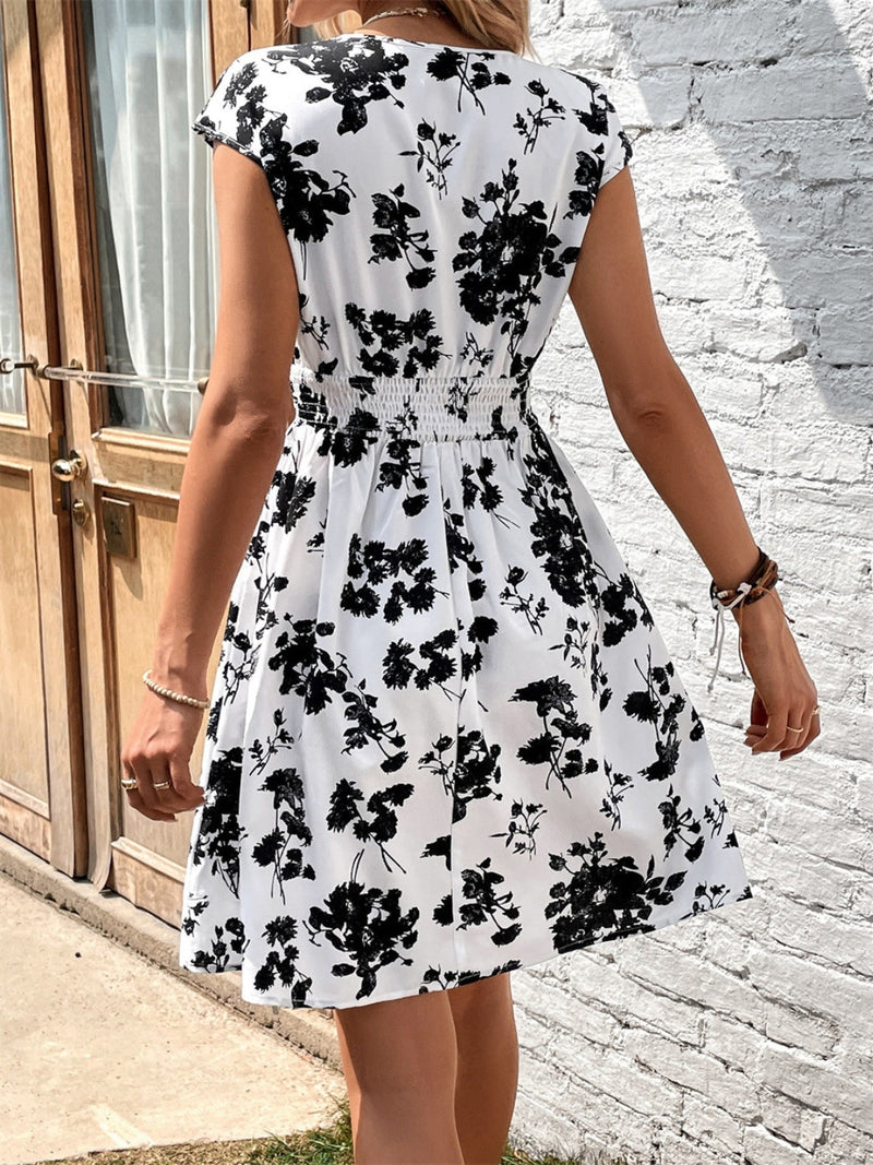 Printed Surplice Cap Sleeve Dress Trandify Deal