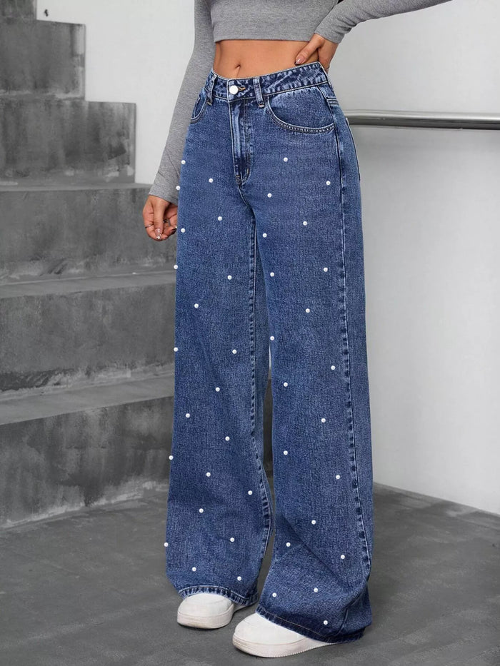Pearl Embellished Wide Leg Jeans - Trandifydeal