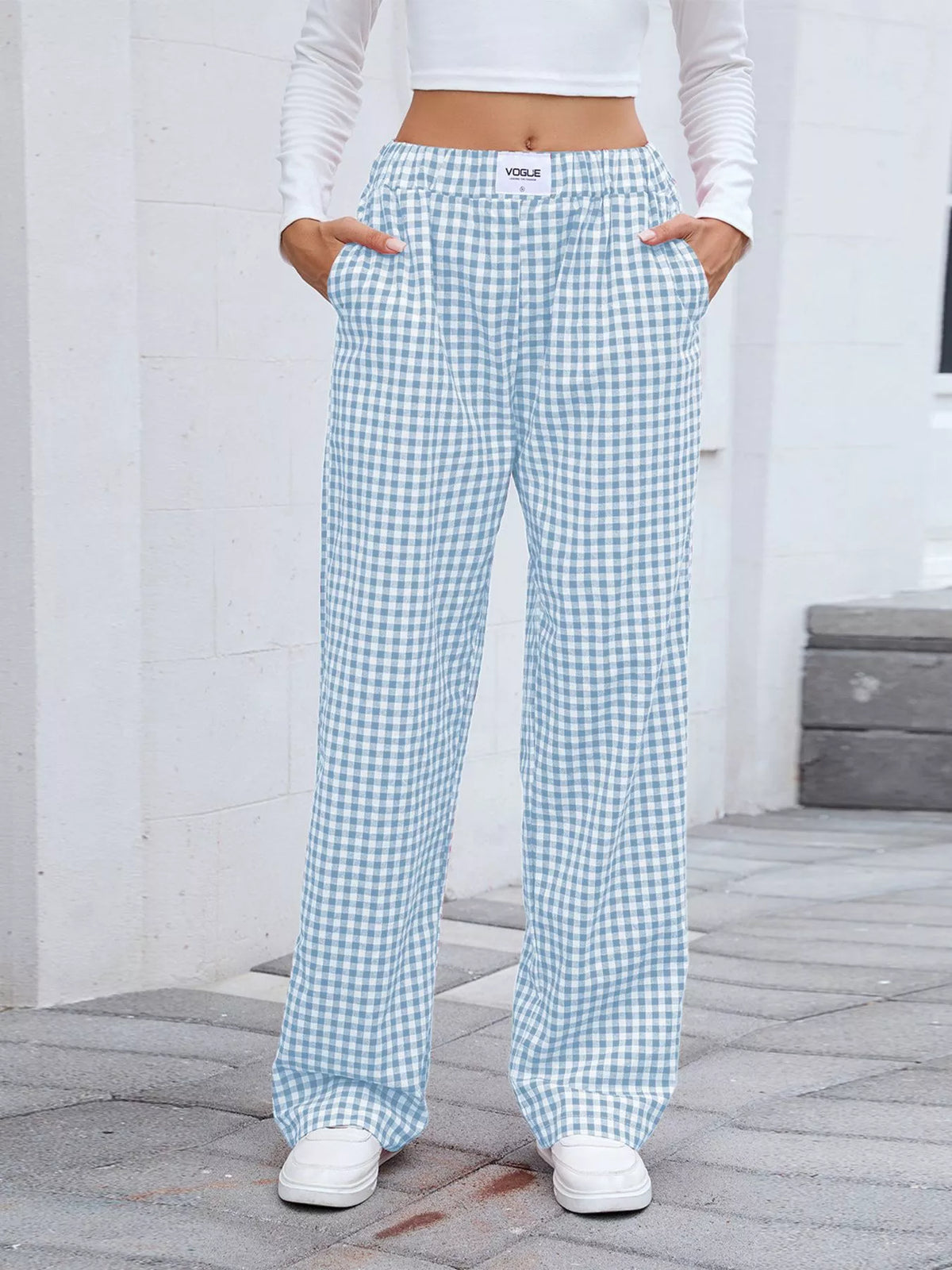 Women's Plaid Wide Leg Cotton Pants
