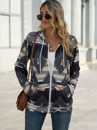 Geometric Zip Up Long Sleeve Hooded Jacket Trandify Deal