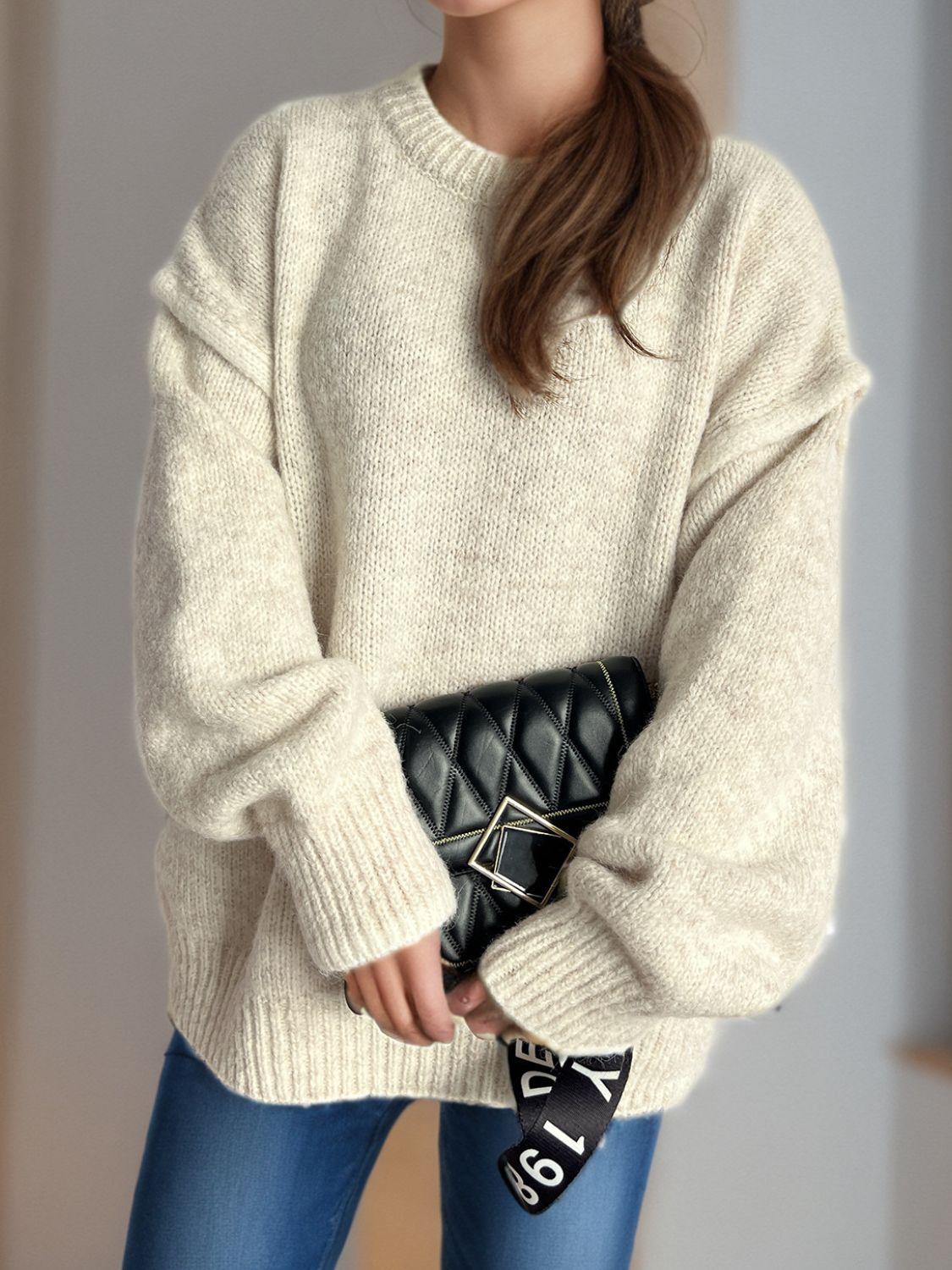 Contrast Trim Round Neck Dropped Shoulder Sweater Trandify Deal