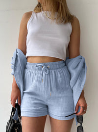 Texture Button Up Shirt and Drawstring Shorts Set Trandify deal
