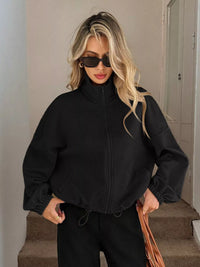Women's Ribbed Drawstring Jacket - Casual Long Sleeve Zip-Up