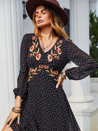 Embroidered V-Neck Long Sleeve Dress - Trandify Deal