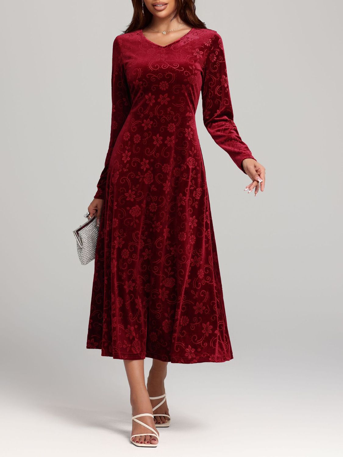 Flower Print V-Neck Long Sleeve Midi Dress Trandify Deal