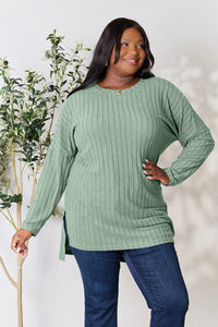 Basic Bae Full Size Ribbed Round Neck Long Sleeve Slit Top Trandify Deal