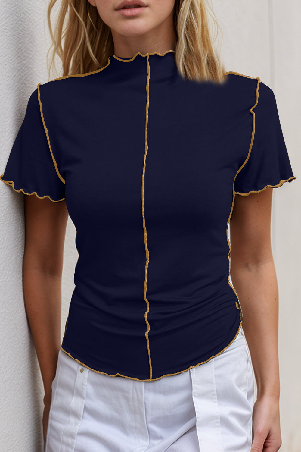 Basic Bae Contrast Trim Mock Neck Short Sleeve T-Shirt - Trandify Deal