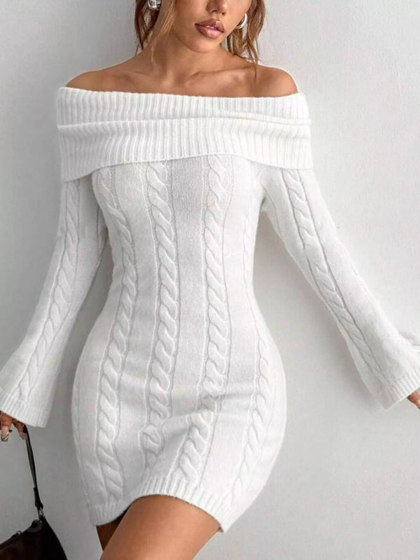 Off-Shoulder Cable Knit Sweater Dress