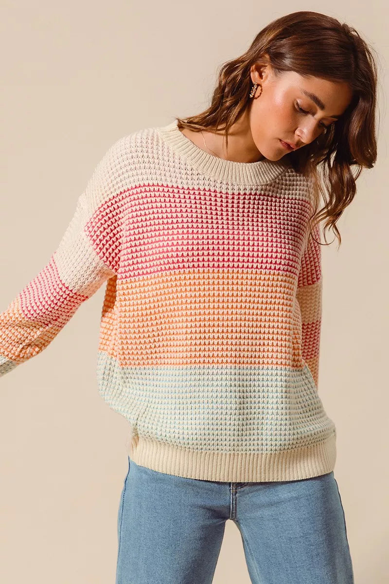Color Block Waffle Knit Sweater - Women's Long Sleeve Top