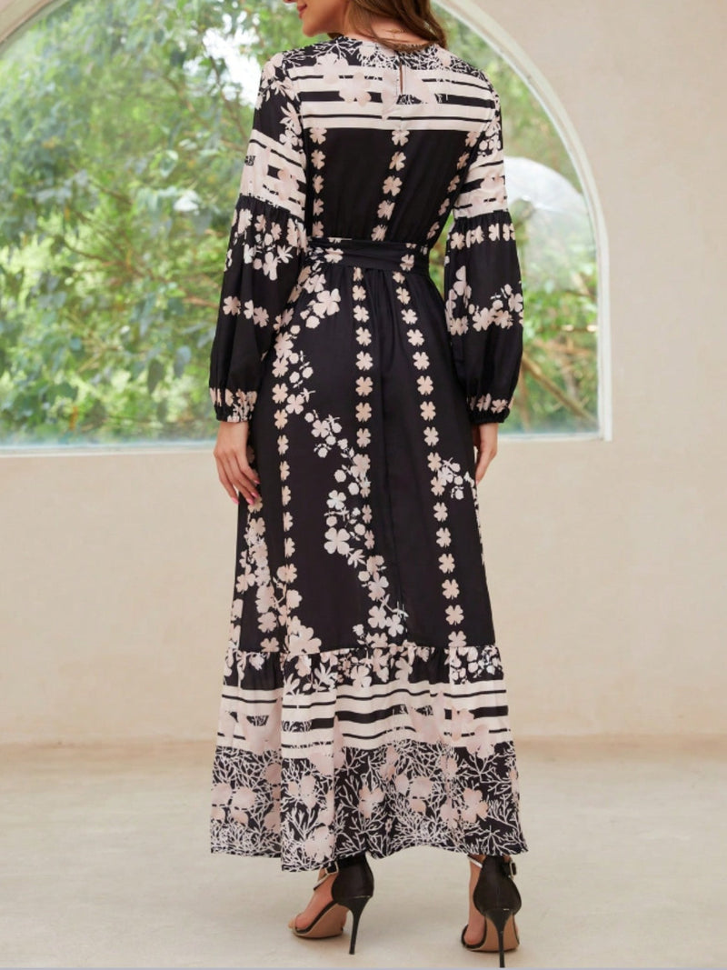 Printed Round Neck Long Sleeve Maxi Dress with Pockets Trandify Deal