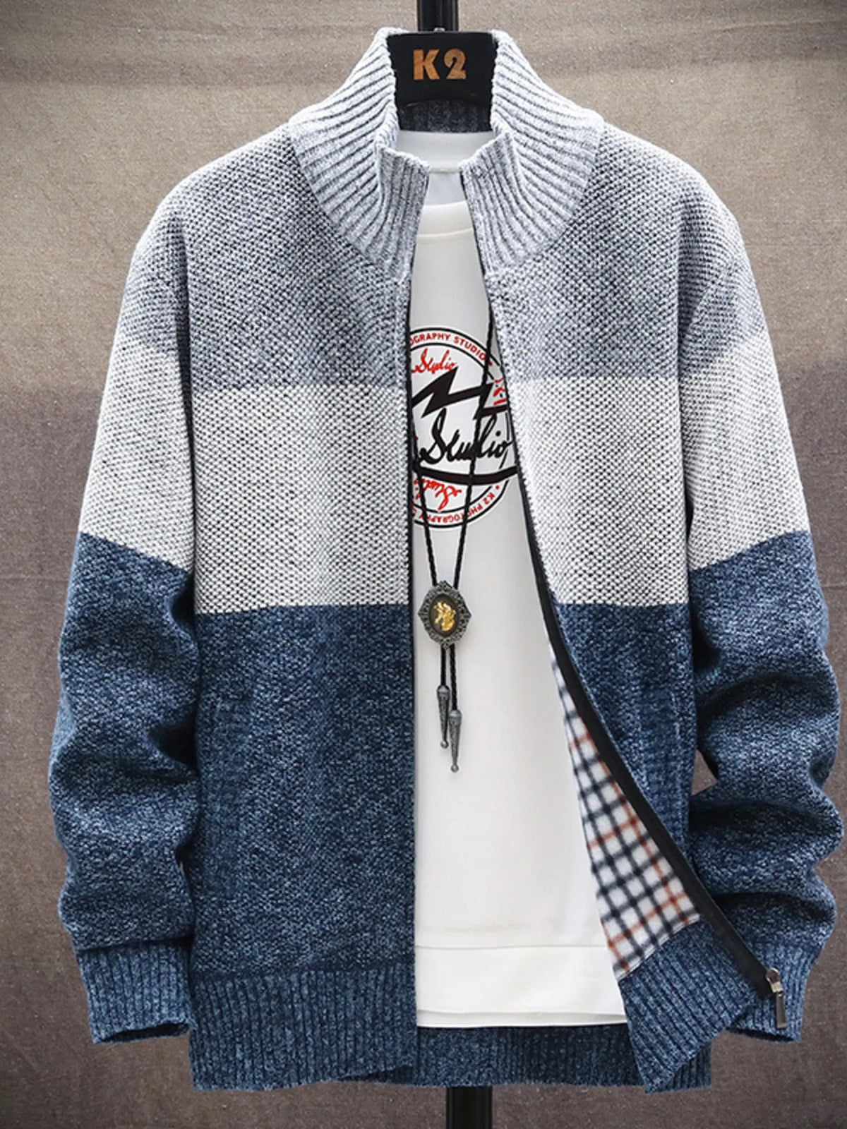 Men's Plus Size Color Block Zip-Up Cardigan – Trendy Sweater for Big & Tall