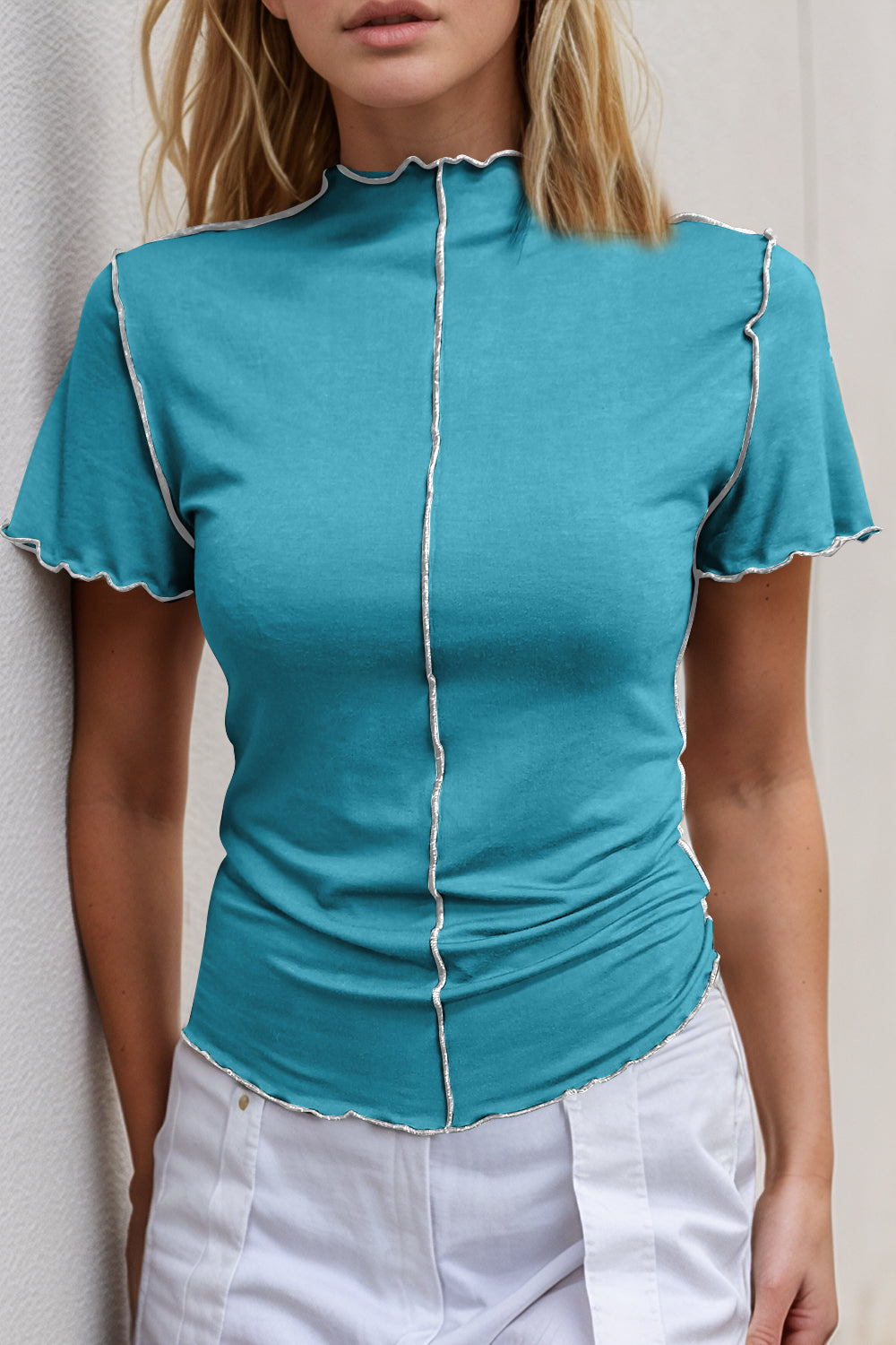 Basic Bae Contrast Trim Mock Neck Short Sleeve T-Shirt - Trandify Deal