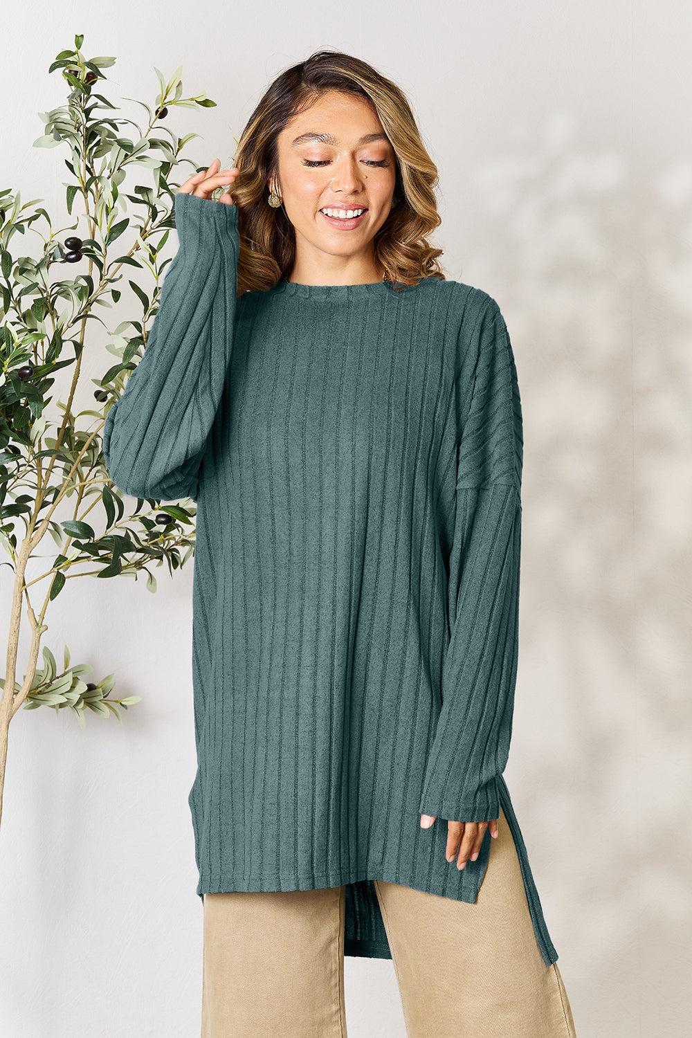 Basic Bae Full Size Ribbed Round Neck Long Sleeve Slit Top Trandify Deal
