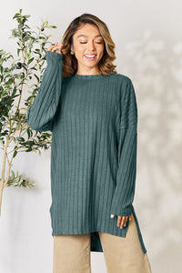 Basic Bae Full Size Ribbed Round Neck Long Sleeve Slit Top Trandify Deal