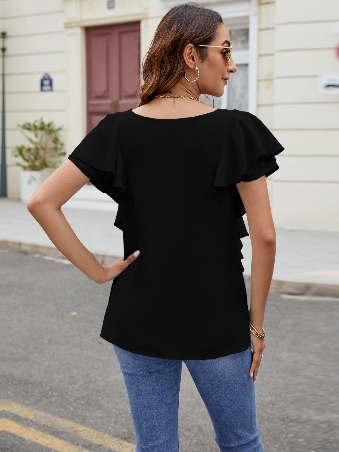 Ruffled V-Neck Short Sleeve Top Trandify deal