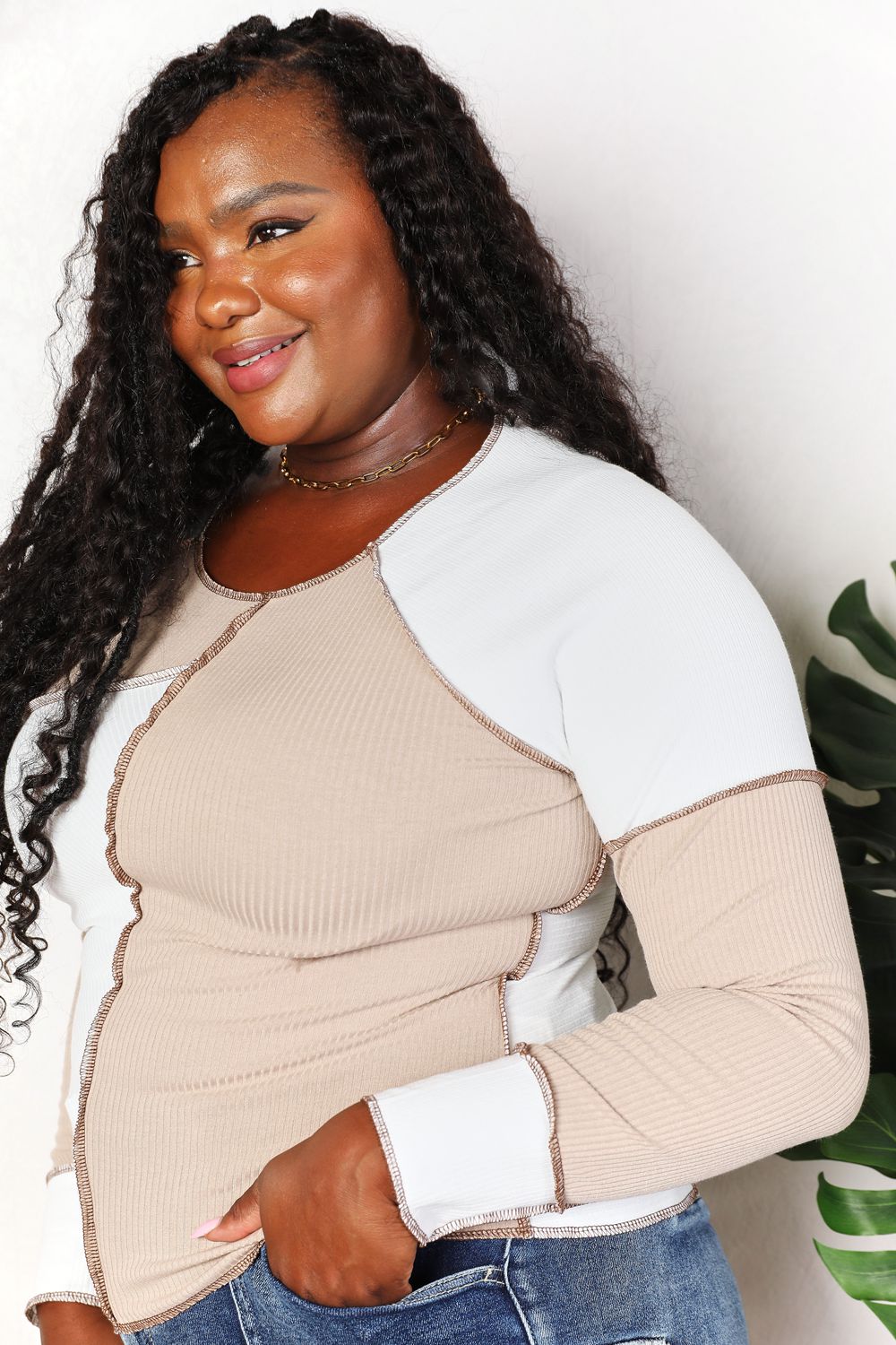 Double Take Color Block Exposed Seam Top Trandify Deal