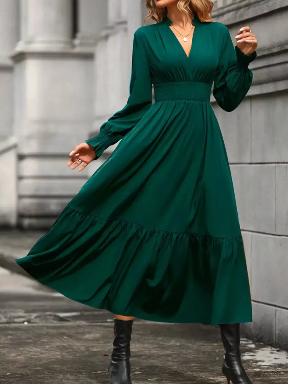 Ruched Midi Dress Long Sleeve Tiered Bodycon - Regular & Plus Size