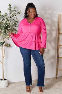 Double Take Half Button Long Sleeve Ruffle Hem Blouse Trandify Deal
