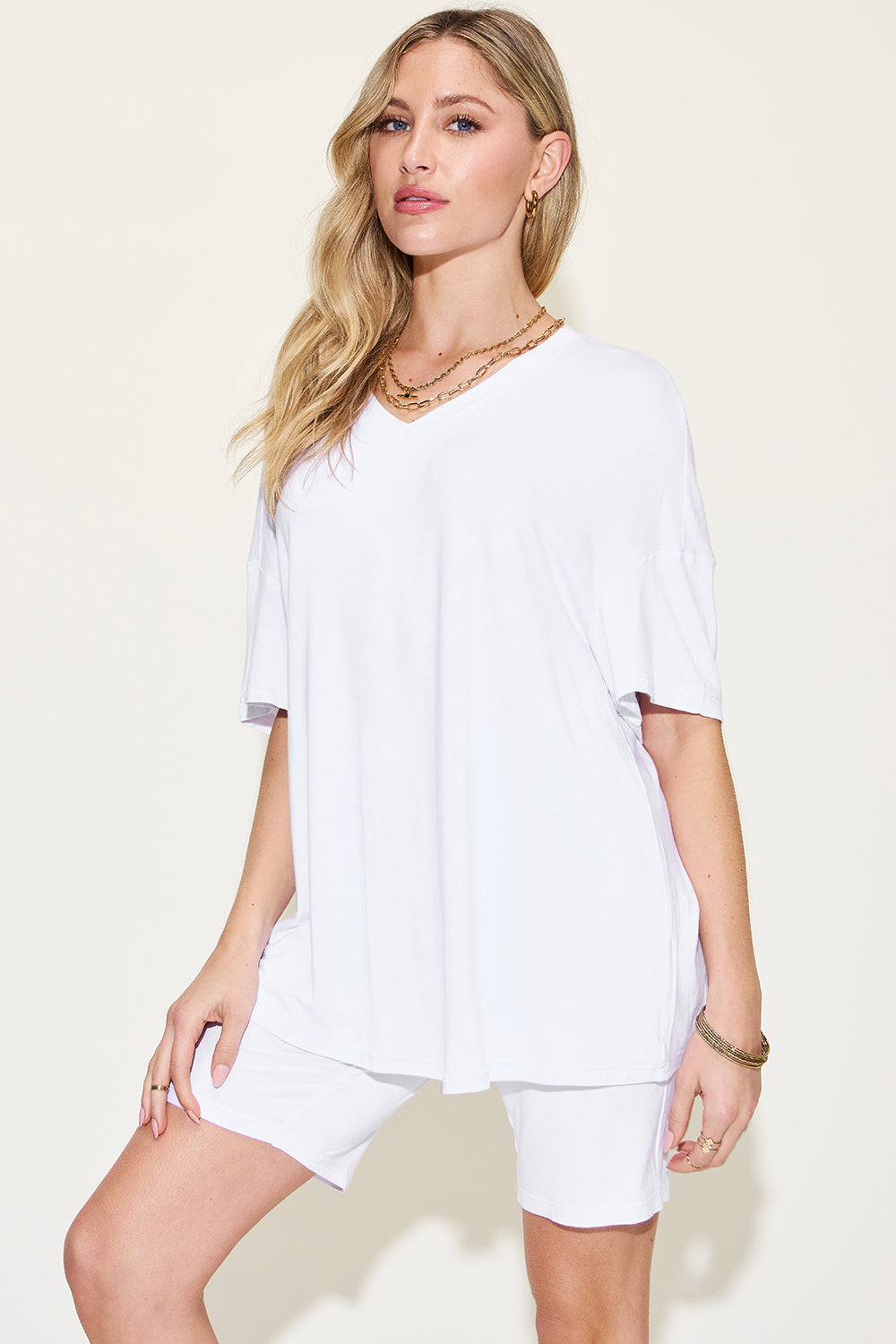 Basic Bae Full Size V-Neck Drop Shoulder T-Shirt and Shorts Set Trandify Deal