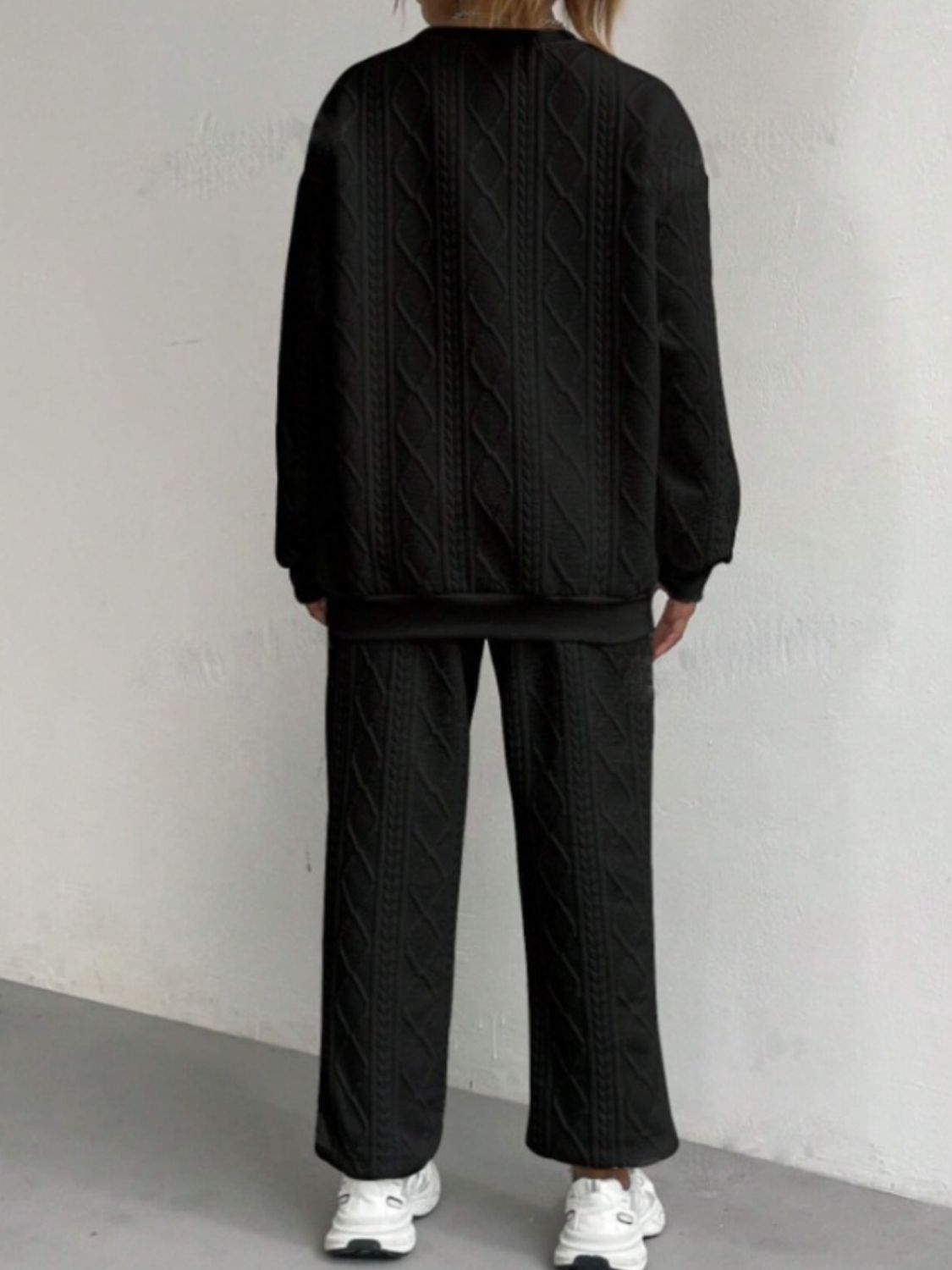 Texture Round Neck Long Sleeve Top and Pants Set Trandify Deal