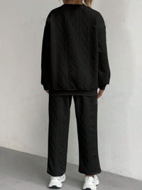 Texture Round Neck Long Sleeve Top and Pants Set Trandify Deal