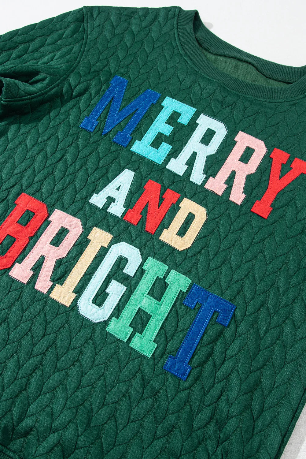 Full Size MERRY AND BRIGHT Cable Knit Pullover Sweatshirt Trandify Deal