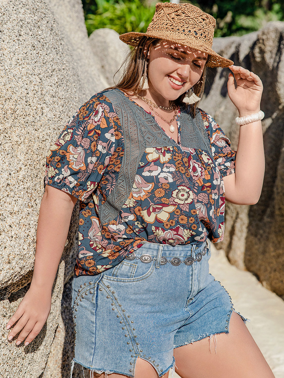 Plus Size Printed Notched Half Sleeve Blouse Trandify deal