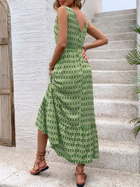 Perfee Printed V-Neck Tie Waist Midi Dress - Trandify Deal