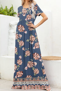 Printed Round Neck Short Sleeve Maxi Dress Trandify deal