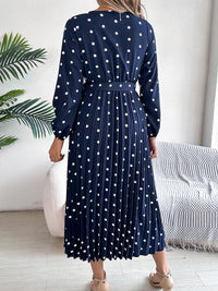 Tied Polka Dot Long Sleeve Midi Dress Trandify deal
