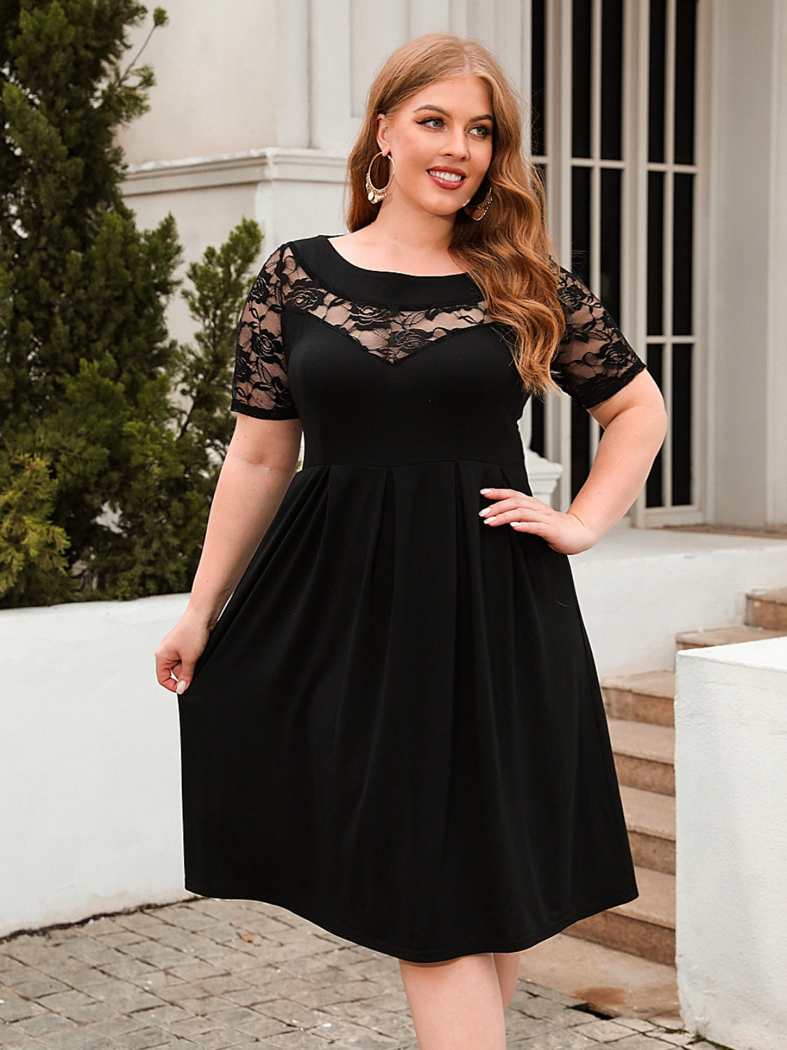 Plus Size Ruched Round Neck Short Sleeve Dress Trandify deal