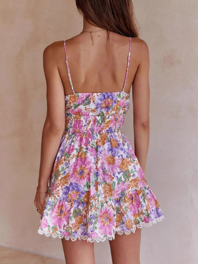 Floral Print Tie-Front Cami Dress with Lace Trim – Women’s Boho Summer Mini Dress