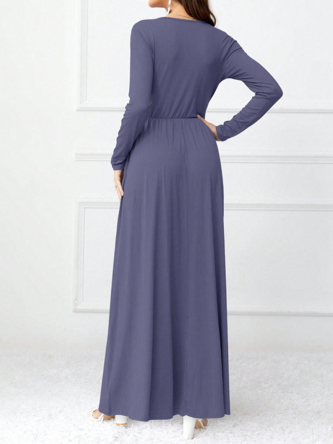 Pocketed Surplice Long Sleeve Maxi Dress Trandify Deal