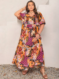 Plus Size Printed V-Neck Half Sleeve Maxi Dress Trandify Deal