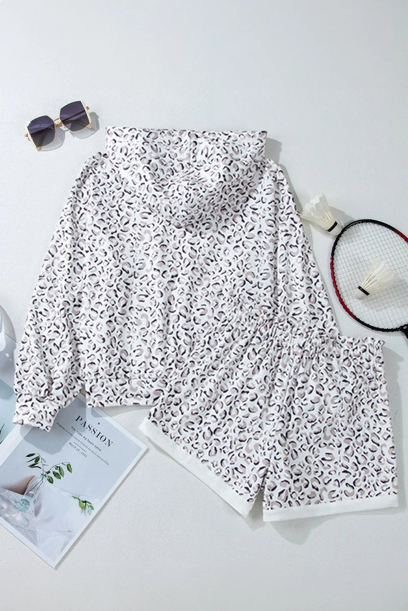 Drawstring Leopard Long Sleeve Hooded Top and Shorts Set Trandify Deal