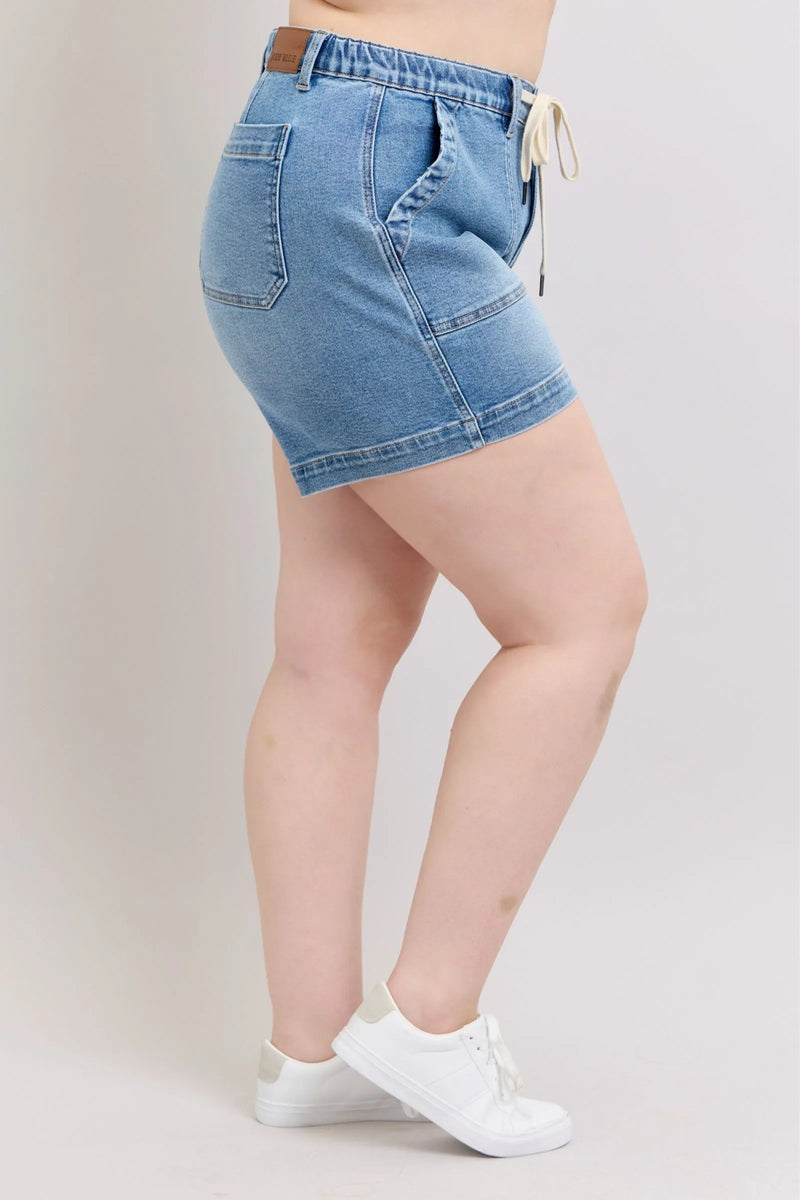 Judy Blue Plus Size High Waist Vintage Wash Denim Shorts for Women – Distressed Retro 90s Style Shorts – Curvy Fit Stretch Denim