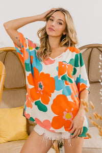 BiBi Floral V Neck Slit Side T-Shirt Trandify deal