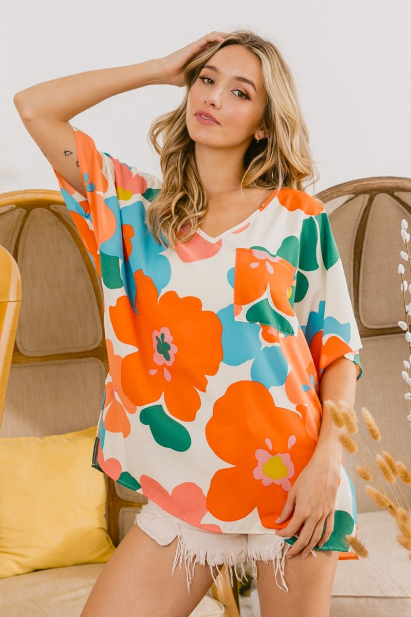 BiBi Floral V Neck Slit Side T-Shirt Trandify deal