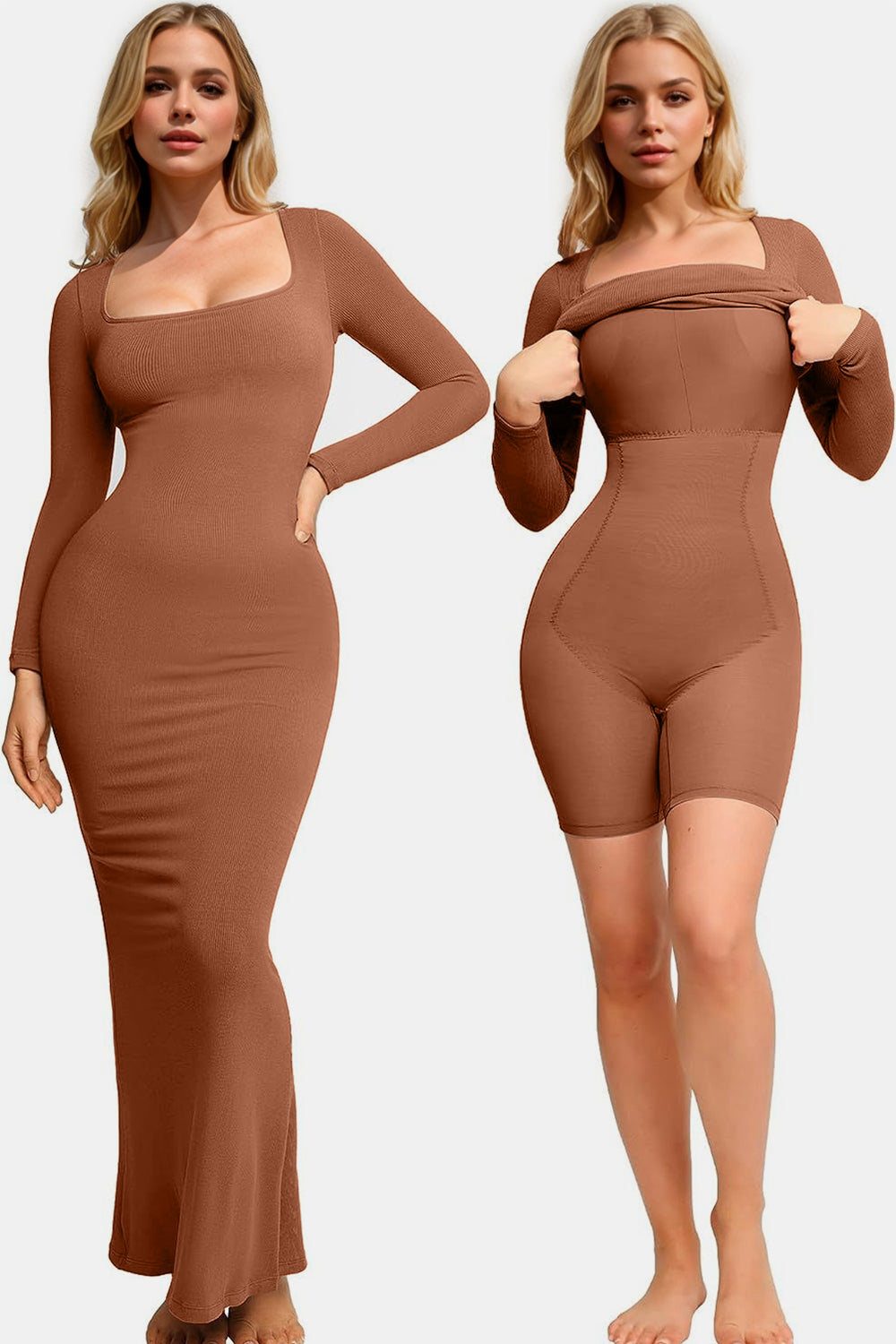 Basic Bae Built-In Shapewear Square Neck Long Sleeve Maxi Dress in Black