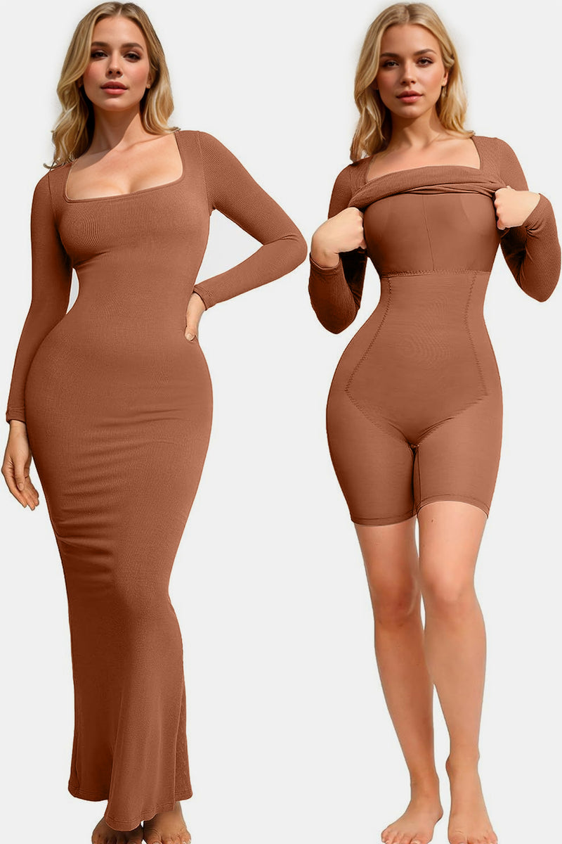 Basic Bae Built-In Shapewear Square Neck Long Sleeve Maxi Dress in Black