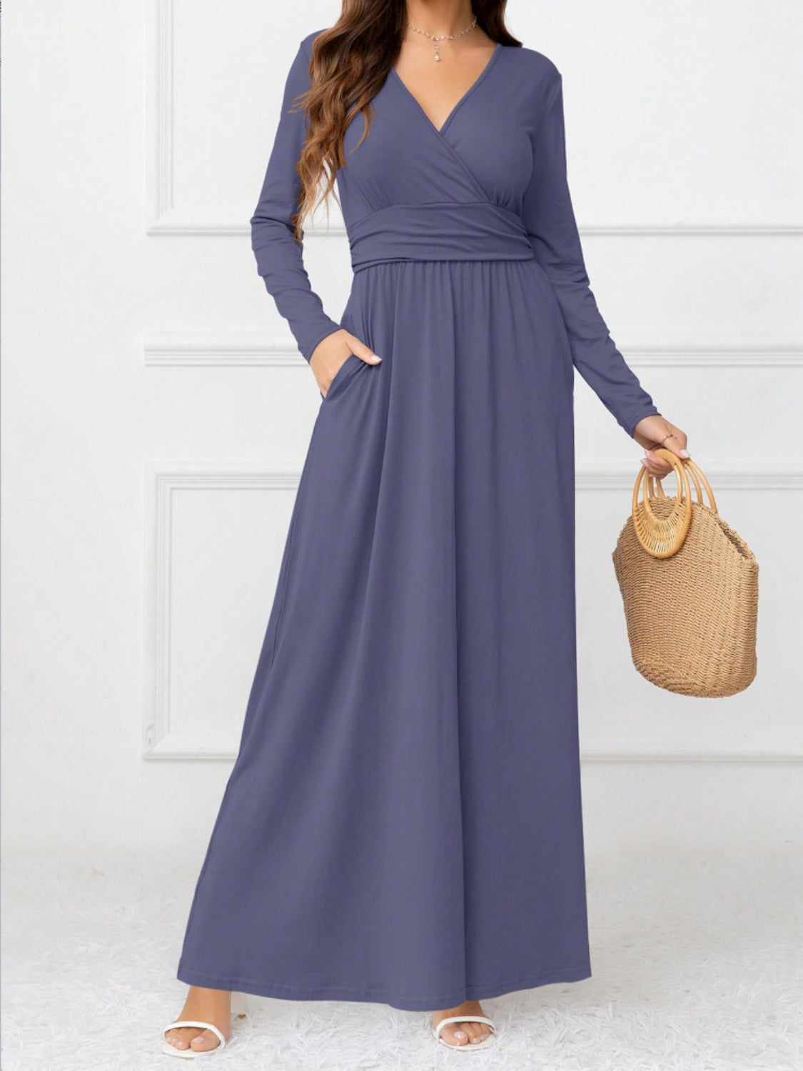 Pocketed Surplice Long Sleeve Maxi Dress Trandify Deal