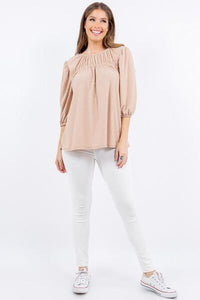 Plus-size puff sleeve blouse with bow detail for women – trendy office and casual top