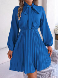 Tie Neck Balloon Sleeve Pleated Dress Trandify deal
