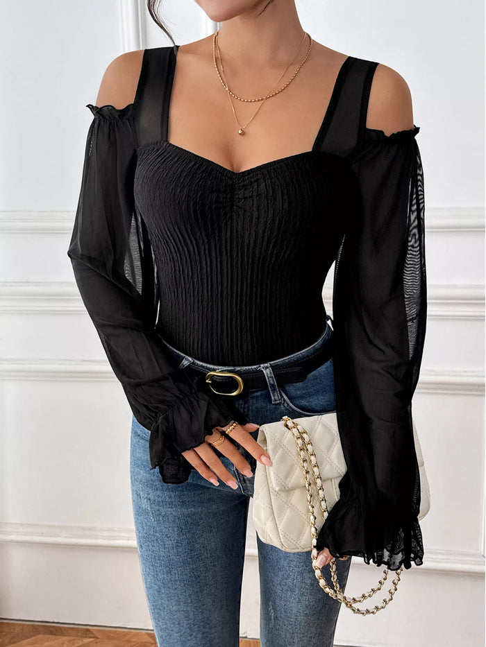 Sheer Cold Shoulder Bodysuit | Flounce Sleeve Top