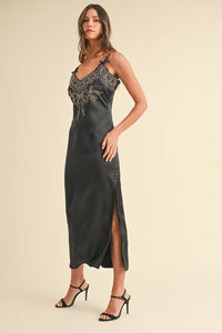 Mable Embroidered Cami Satin Midi Slit Dress Trandify Deal