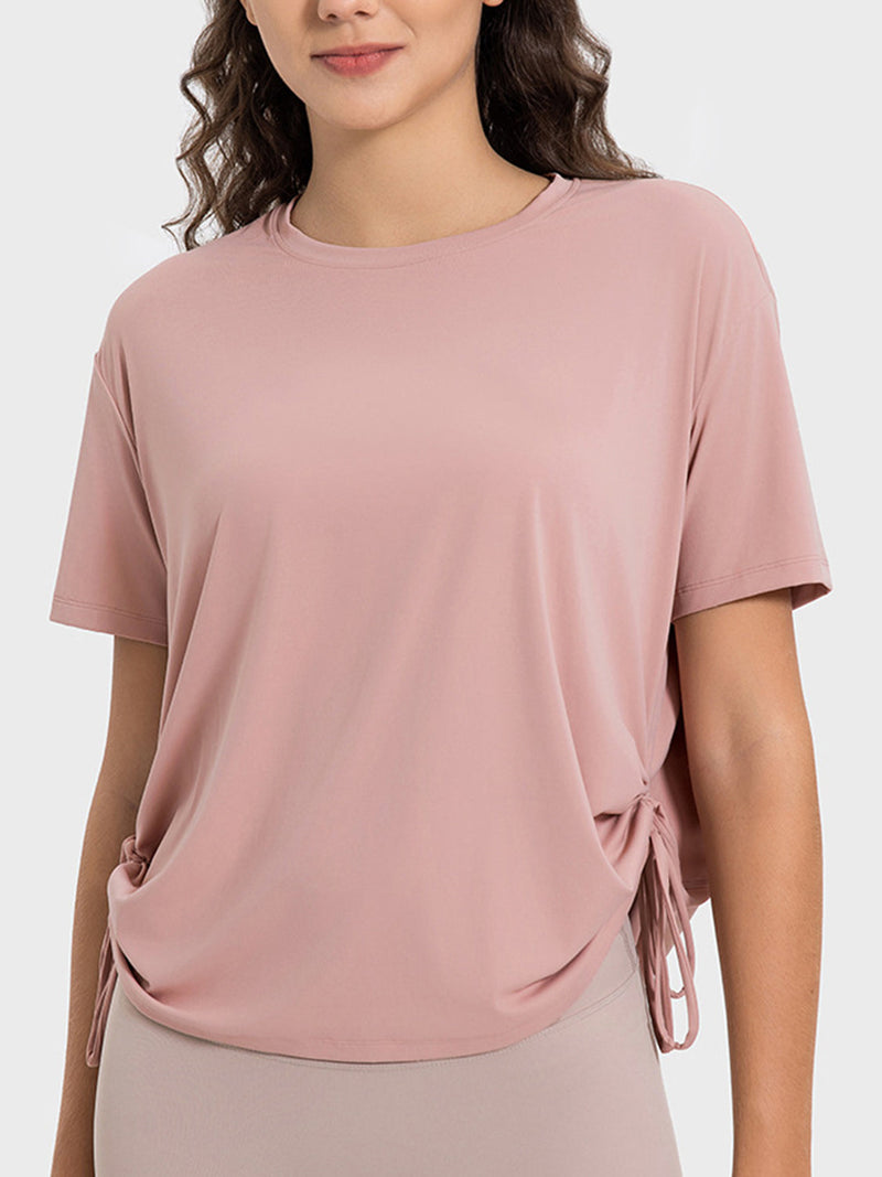 Millennia Drawstring Round Neck Short Sleeve Active T-Shirt Trandify deal