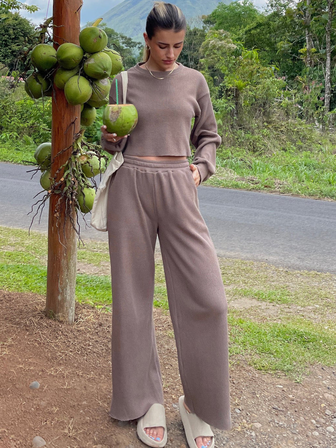 Waffle-Knit Round Neck Top and Pants Set Trandify deal