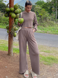 Waffle-Knit Round Neck Top and Pants Set Trandify deal