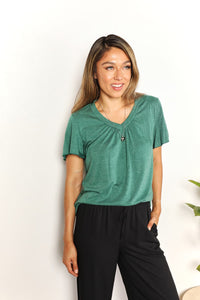 Double Take Ruched V-Neck Short Sleeve T-Shirt Trandify deal