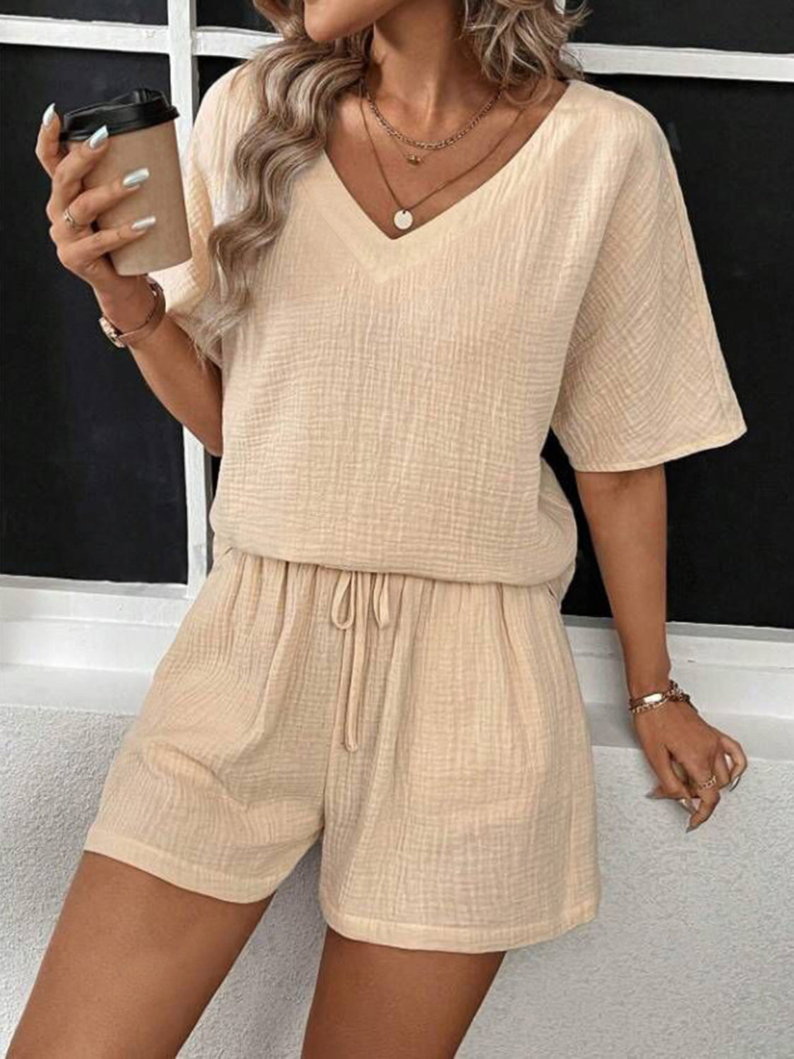 V-Neck Half Sleeve Top and Shorts Set - Trandify Deal